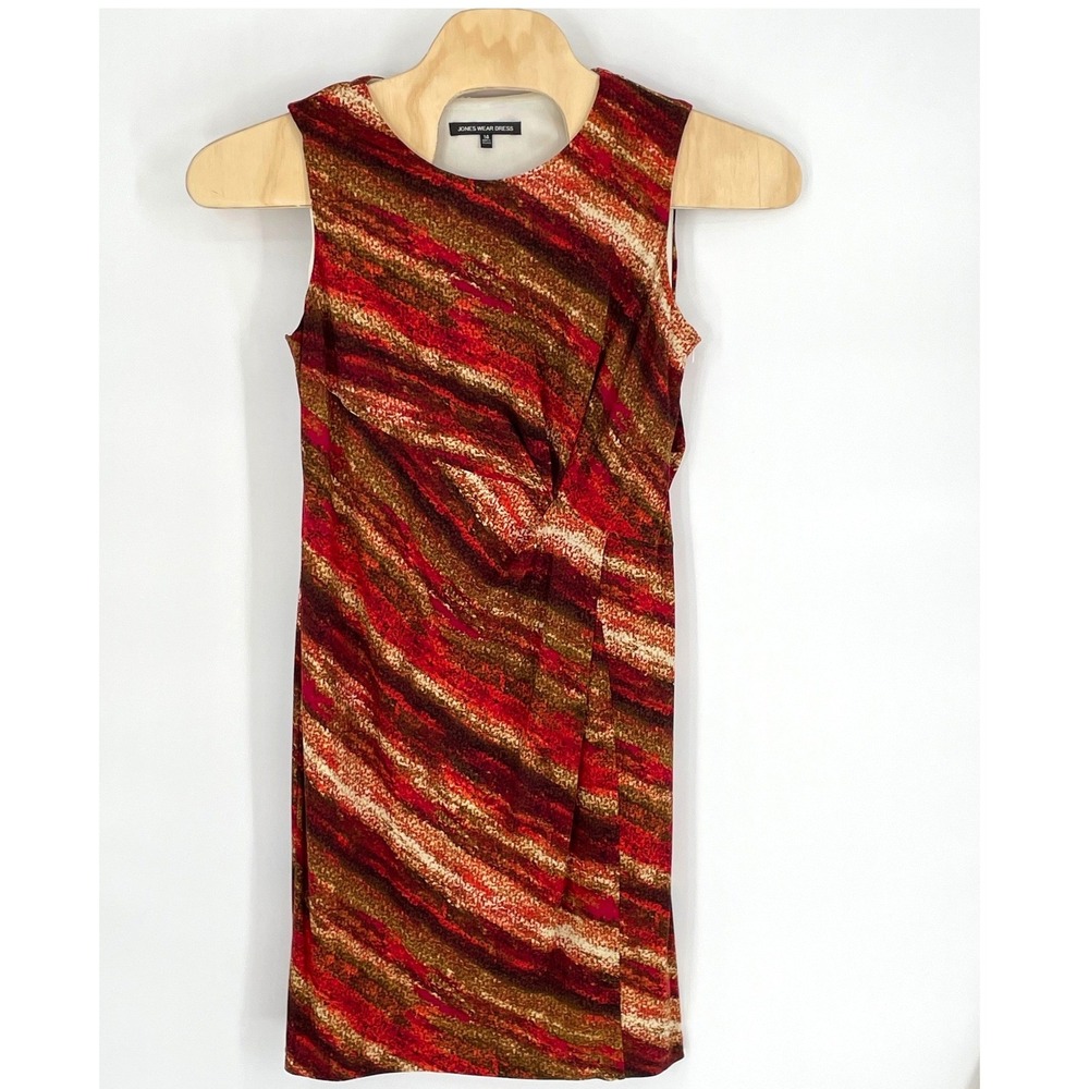 Jones Wear Dress Womens 14 Red Brown Abstract Print Sleeveless Sheath Lined 38in